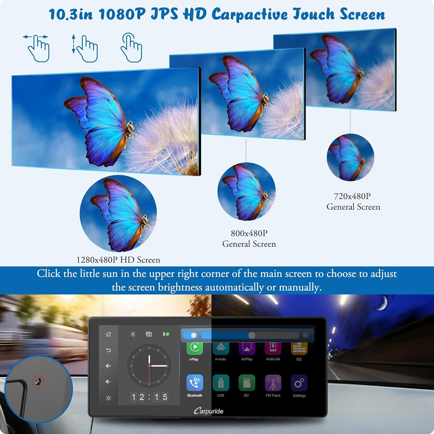 CARPURIDE W103Pro Dual Bluetooth Multimedia Portable Apple Carplay Android Auto