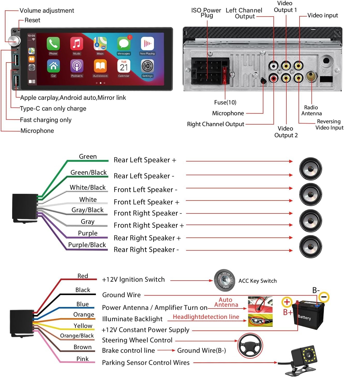 Single Din Car Stereo with Apple Carplay Android Auto,6.9 Inch IPS Touchscreen,