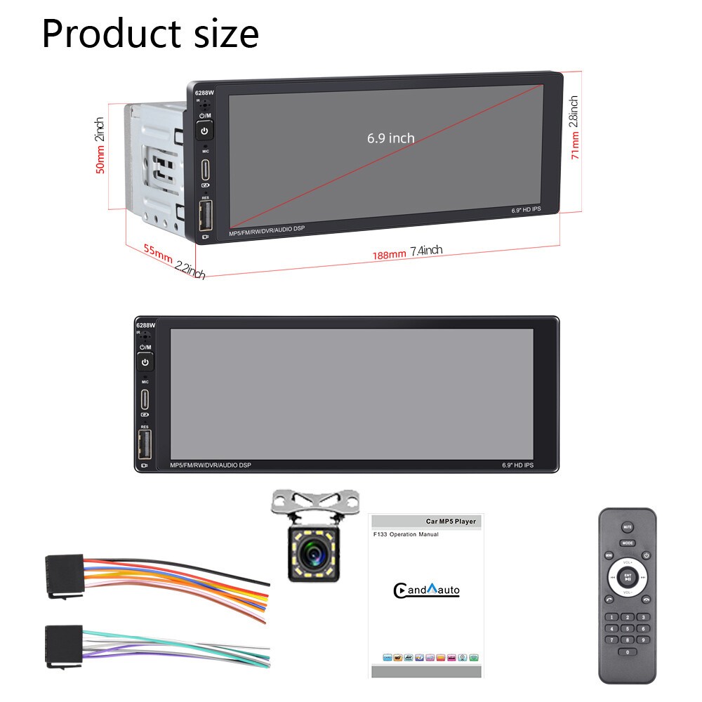 1 Din 6.9″ Carplay Android Auto Bluetooth RDS Touch Screen+Camera Car Radio