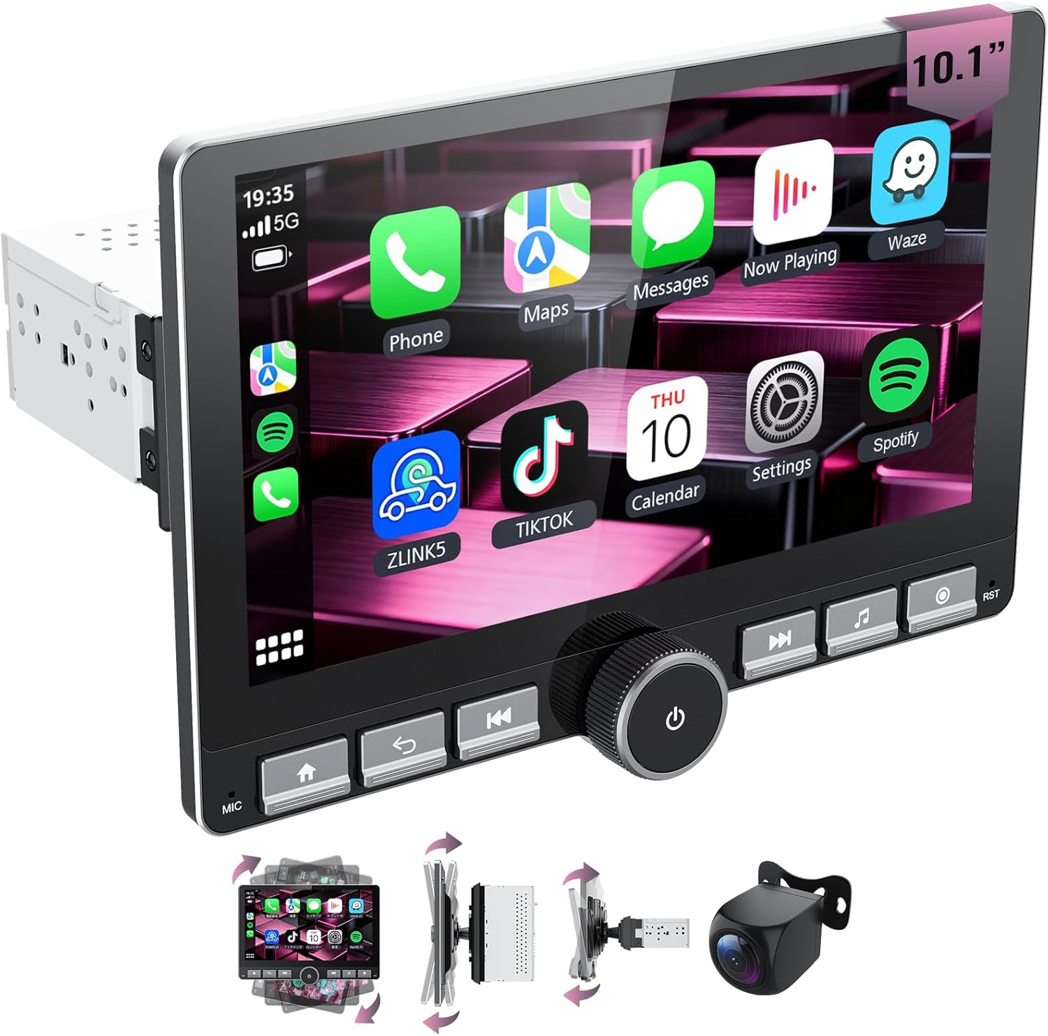10.1″ 360° Rotatable Touchscreen Car Stereo with Wireless Apple Carplay & Androi