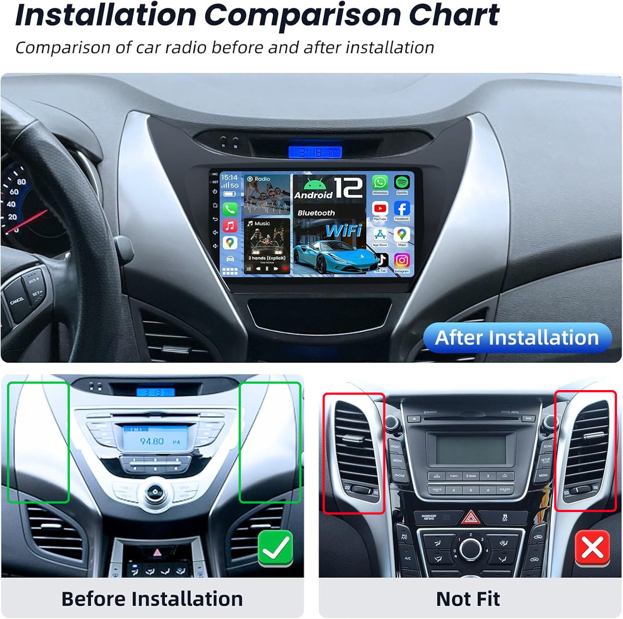 For Hyundai Elantra 2011 2012 2013 Apple Carplay Android 15 Car Radio GPS 4+64G