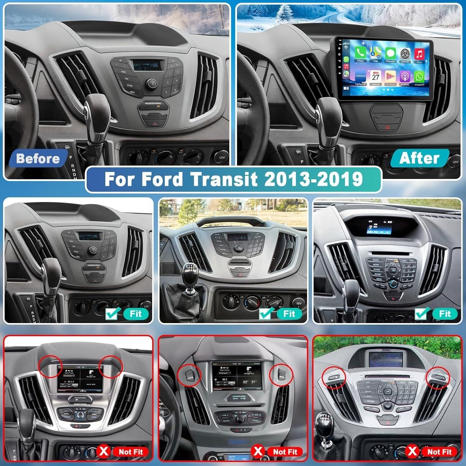 Radio Carplay For 2015-2019 Ford Transit Backup Cam w/Cam Back Camera EQ Cam