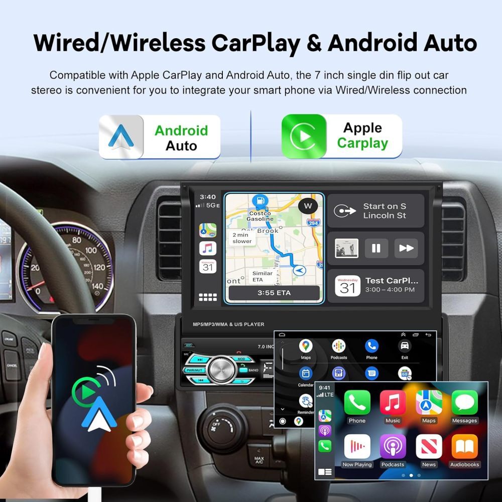 7″ Single 1 DIN Car Radio Stereo Apple Carplay Bluetooth Flip Out Screen USB AUX
