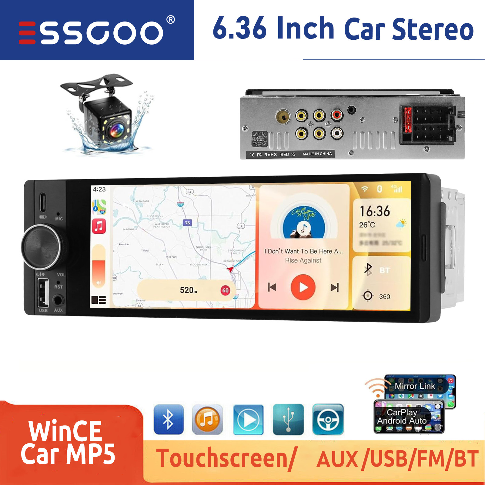 In Dash 6.36″ Single Din Car Stereo Wireless CarPlay Android Auto Radio Camera