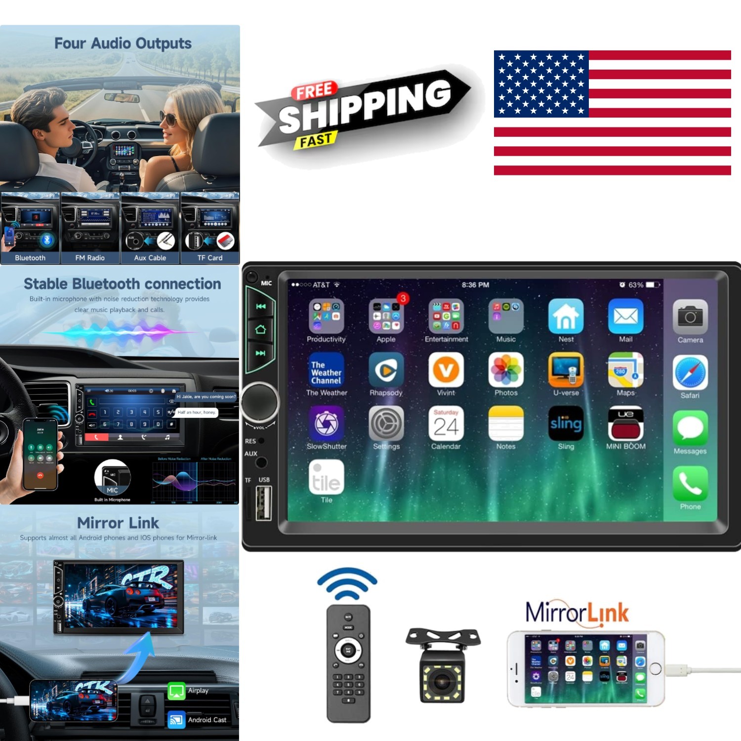 Multimedia Car Stereo Receiver 7 Inch Double Din with Mirror Link and Subwoofer