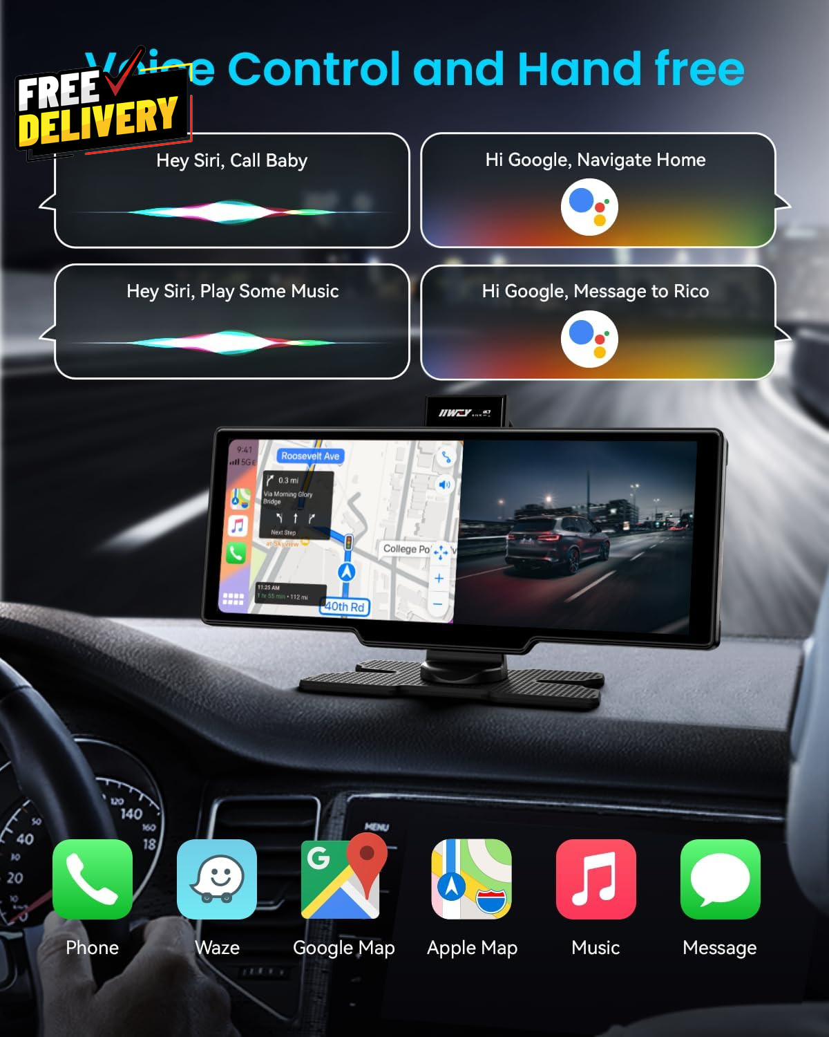 10″ Portable CarPlay Screen Wireless Android Auto 4K Dash Cam Backup Camera