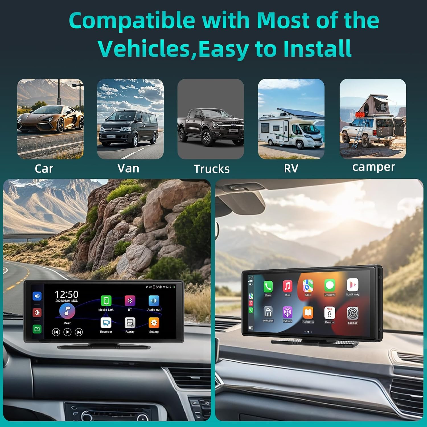 10.26″ Portable Carplay Screen with 4K Dash Cam & Wireless Car Audio