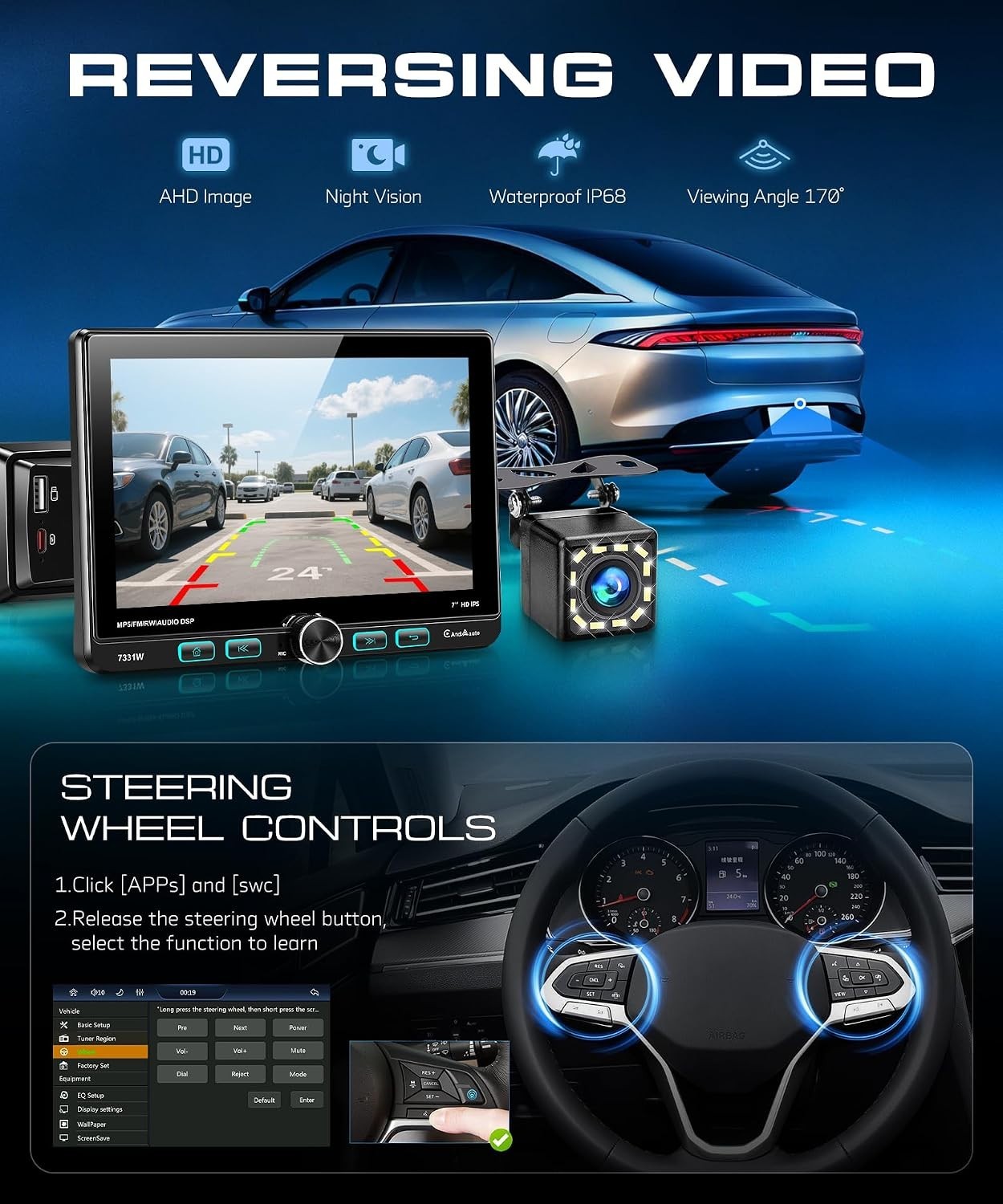 Single DIN Car Stereo 7″ Swivel Touchscreen Wireless CarPlay Android Auto Blueto