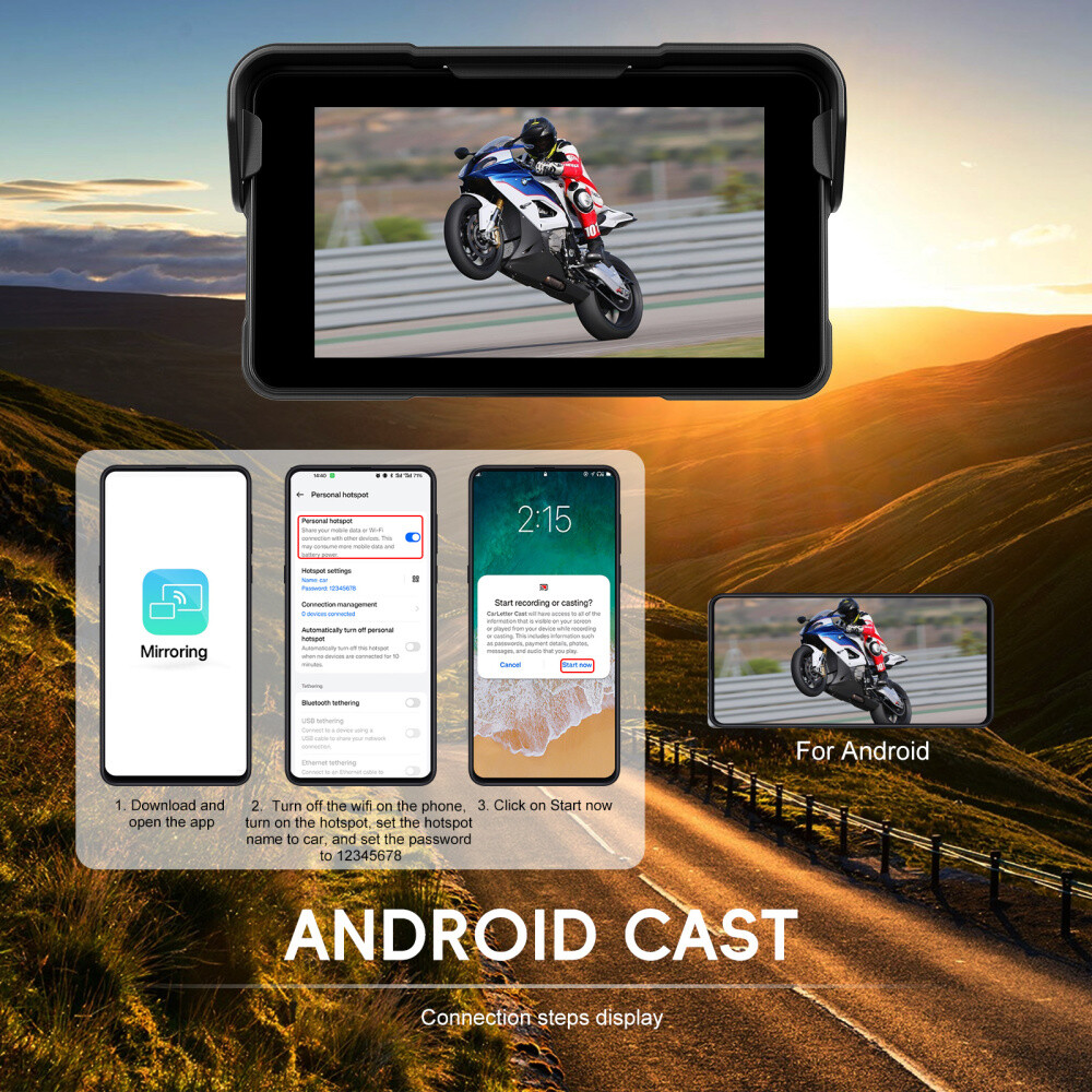 5″ Waterproof Motorcycle Navigator Portable Wireless CarPlay Android Auto Screen