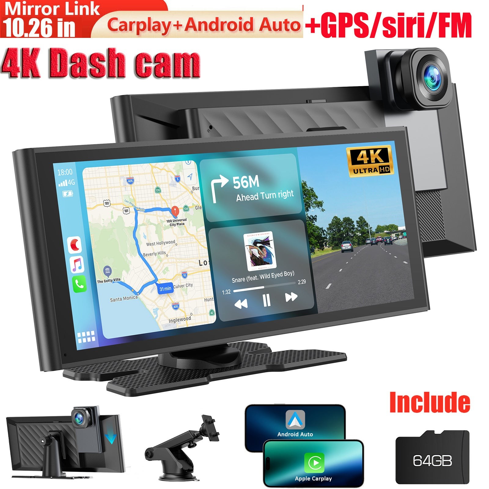 10.26″4K Dash Camera Car Stereo Radio Wireless Apple Carplay&Android Auto 64GB