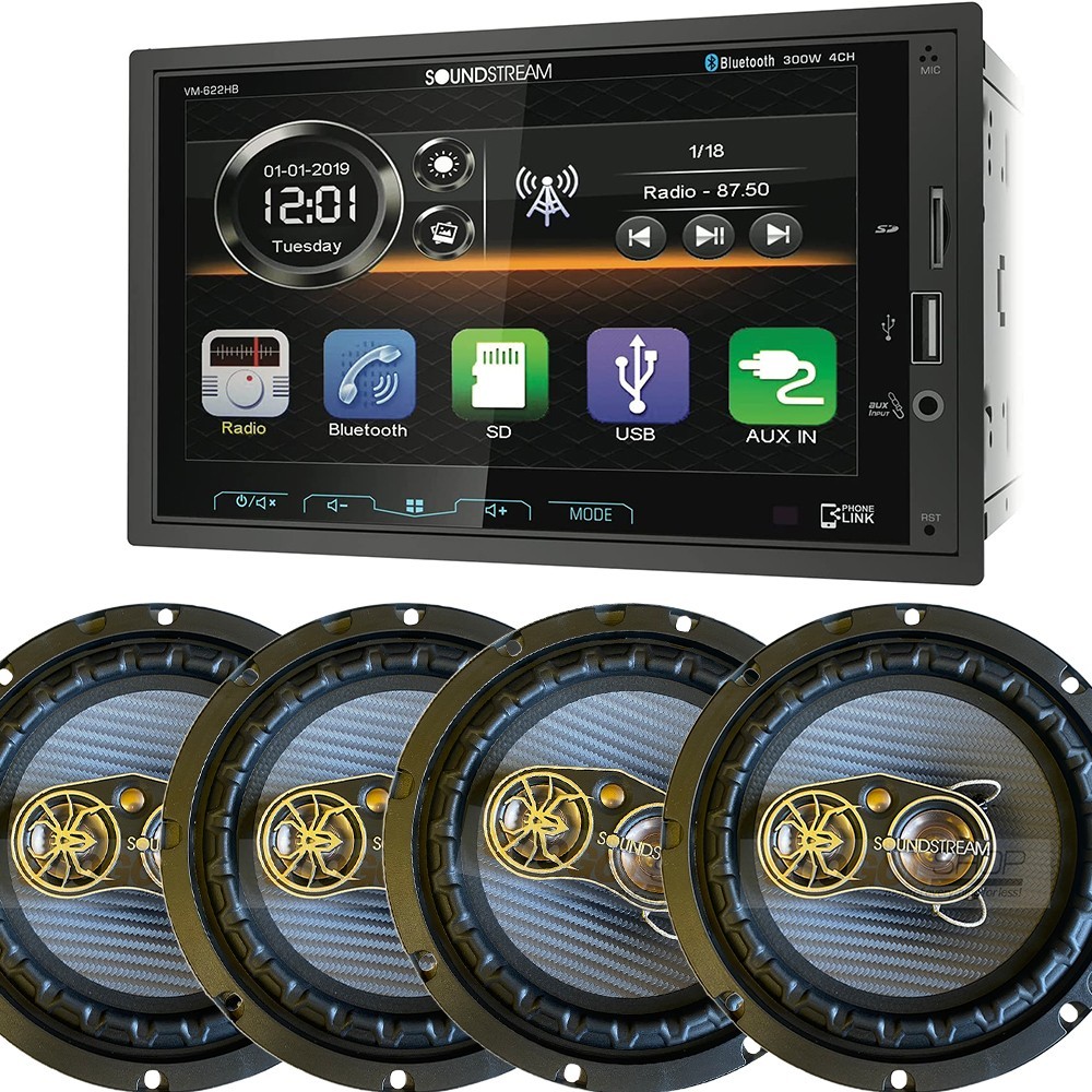 6.2″ Touchscreen Bluetooth AM/FM Car Stereo | 4X 6.5″ 300 Watt Speaker Package