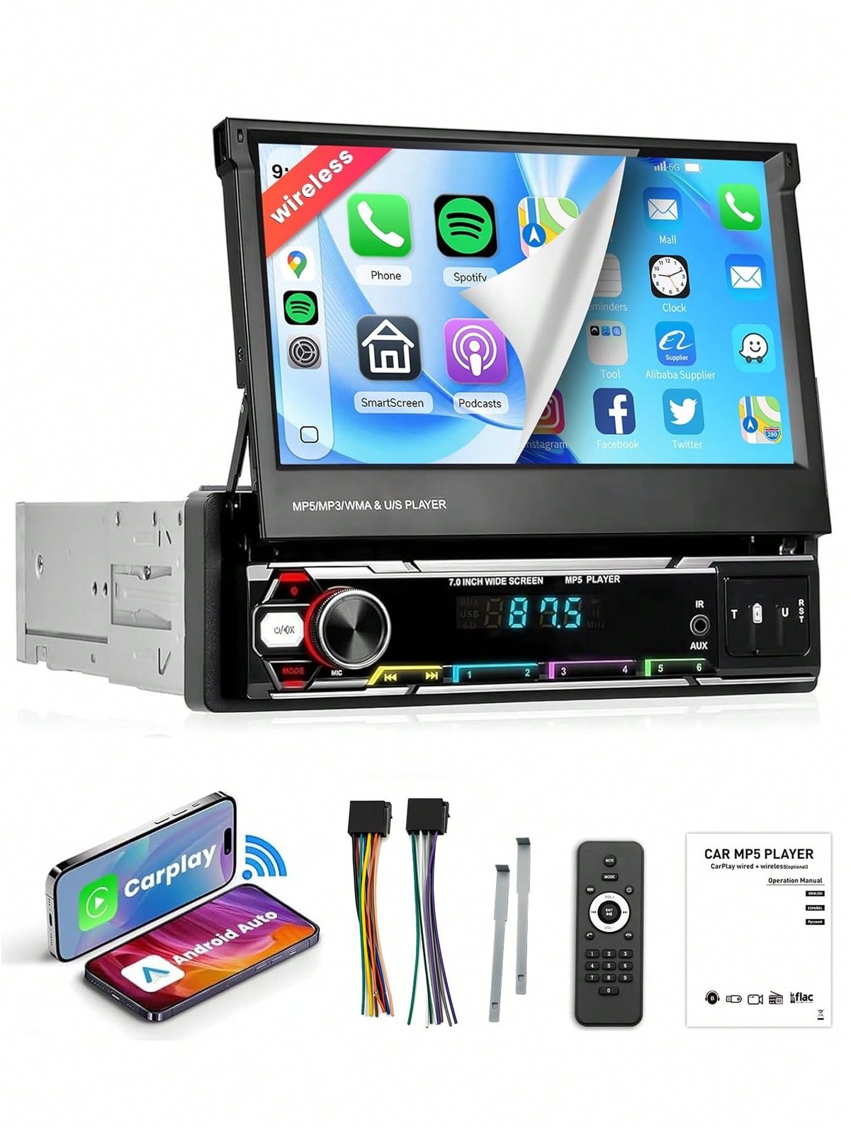 7″ HD Touch Single DIN Car MP5 Player CarPlay Android Auto FM USB AUX SD ISO