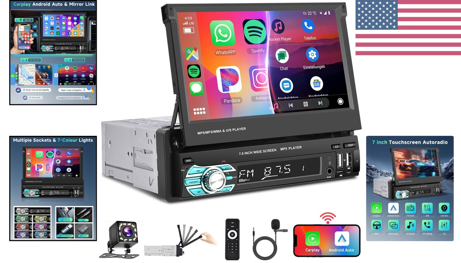 Multi-Function 7 Inch Wireless CarPlay Car Radio with Bluetooth & Voice Control