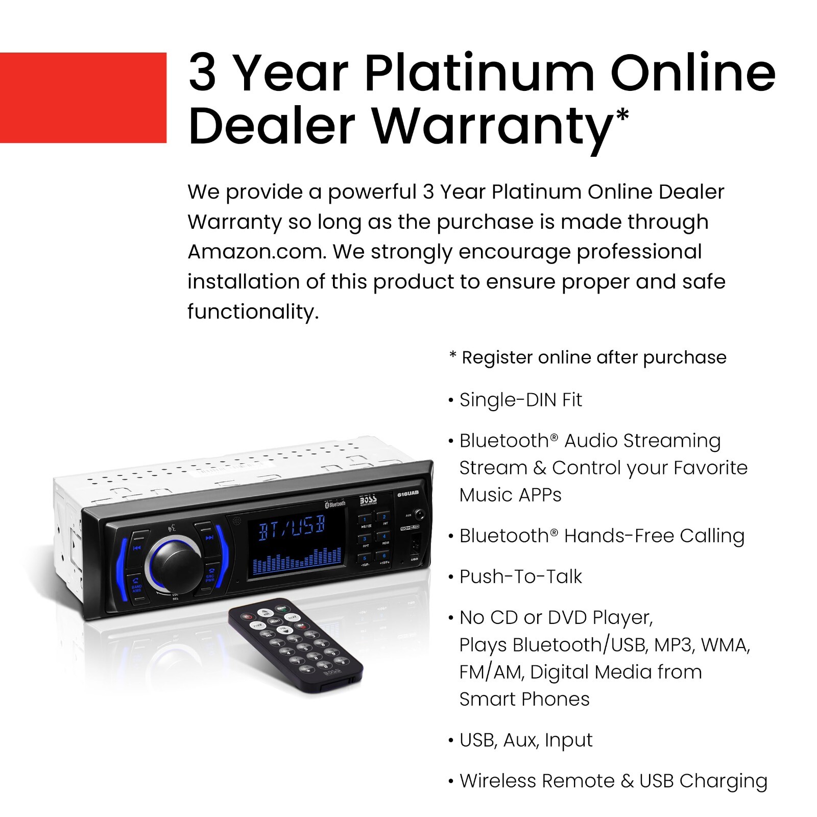 BOSS Audio Systems 616UAB Car Stereo With Bluetooth – Single DIN, MP3, USB, Aux-