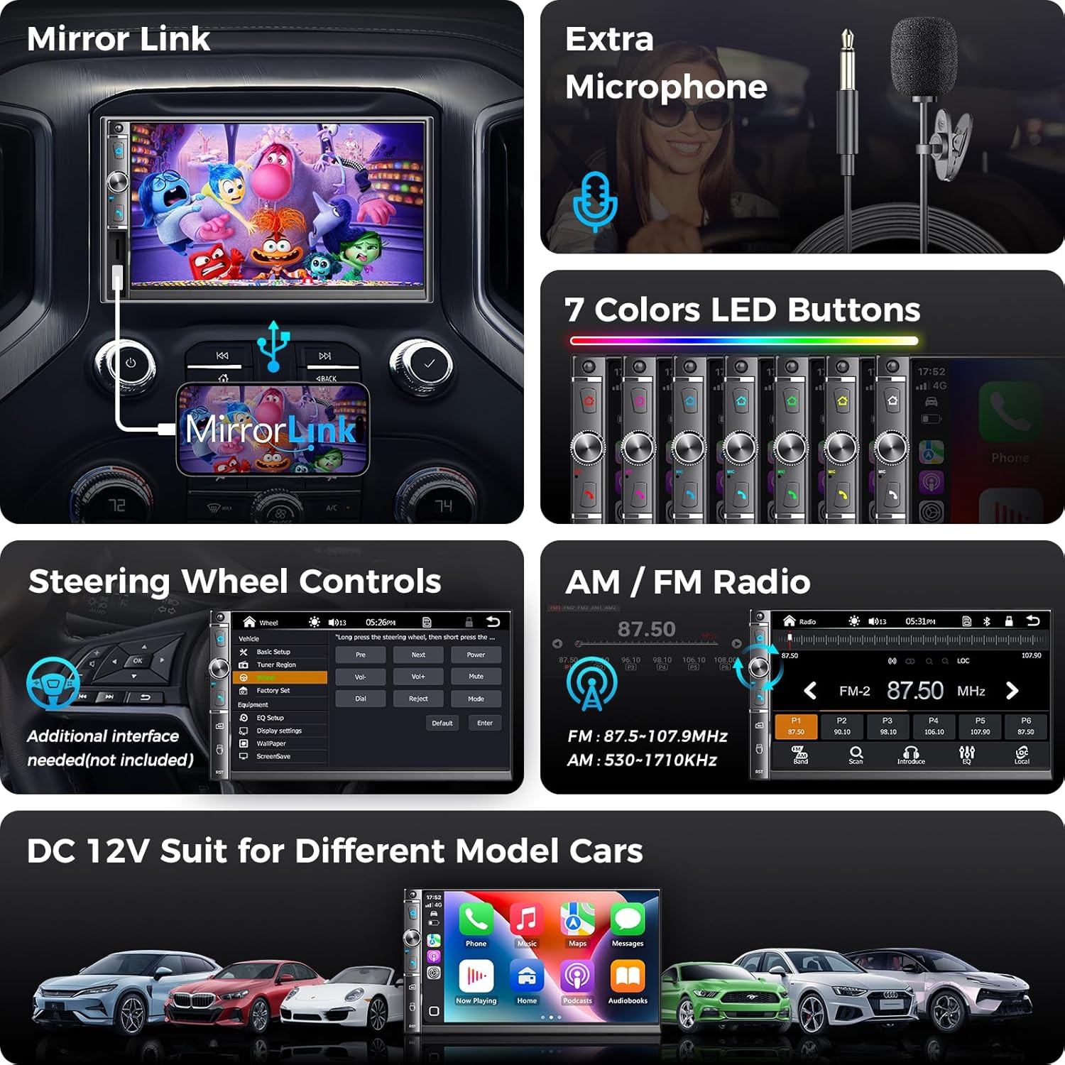 7″ HD Double Din Car Stereo, Wireless CarPlay/Android Auto, Bluetooth, Backup Ca
