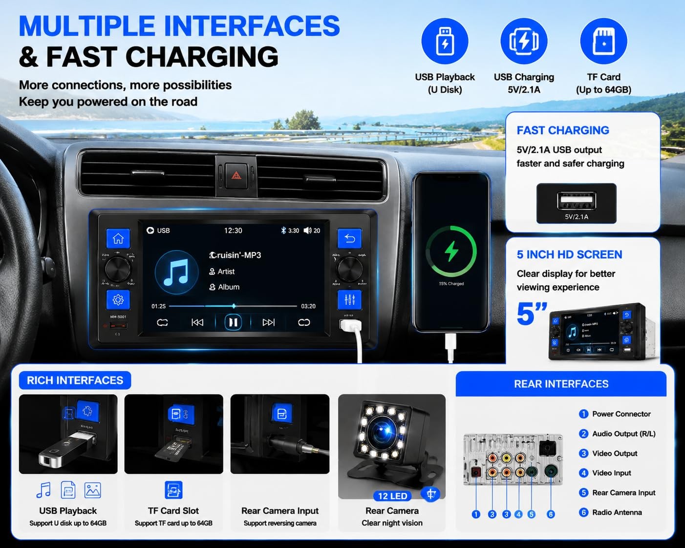 Single Din Car Stereo with Wireless Apple CarPlay, 5″ Touchscreen Car Radio |…