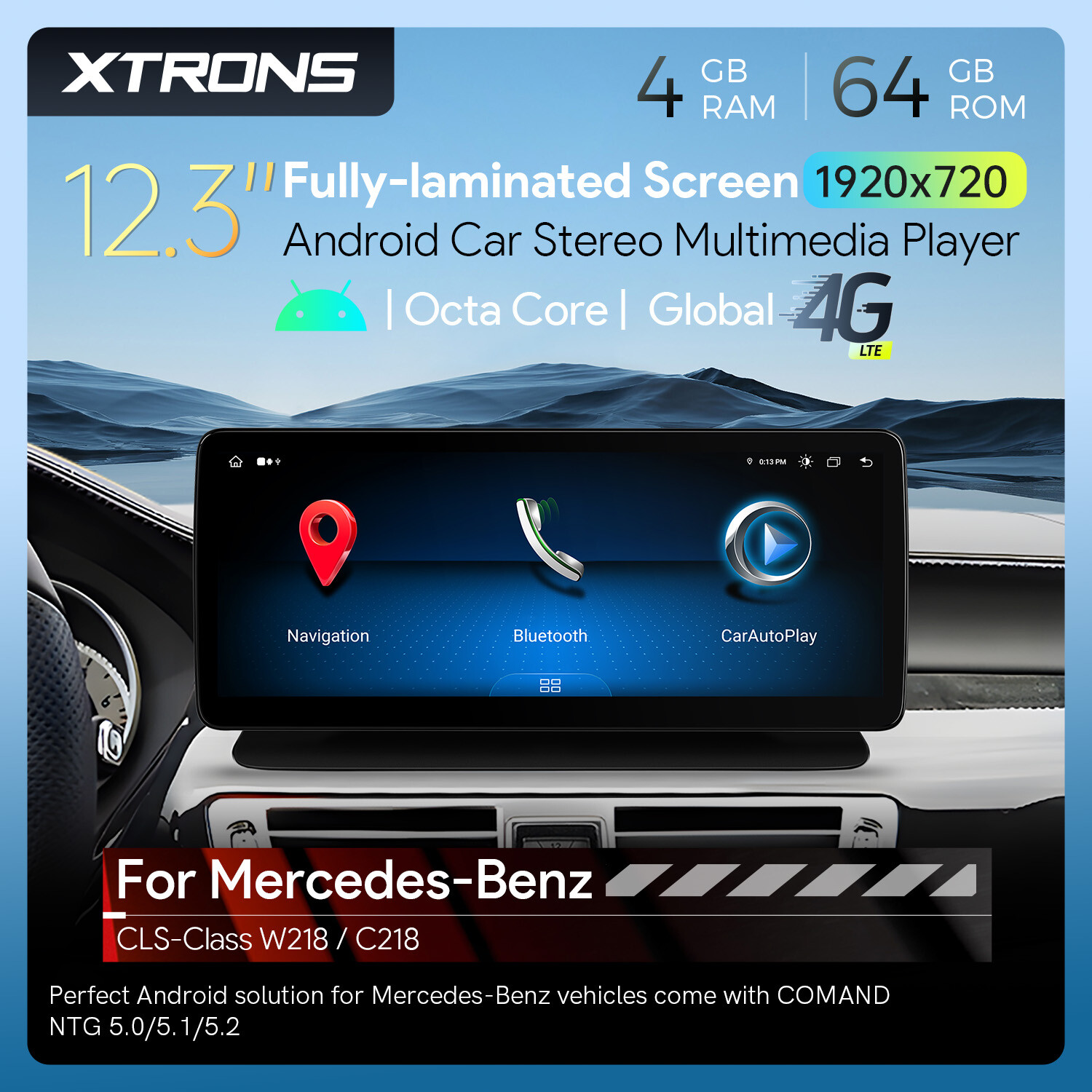 12.3″ Android 14 8-Core Car Play Stereo GPS 4G WiFi For Benz W218 C218 2014-2017