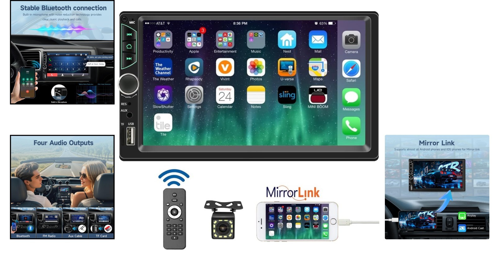 Double DIN Car Stereo: 7-Inch Touchscreen, Subwoofer Support, & Backup Camera