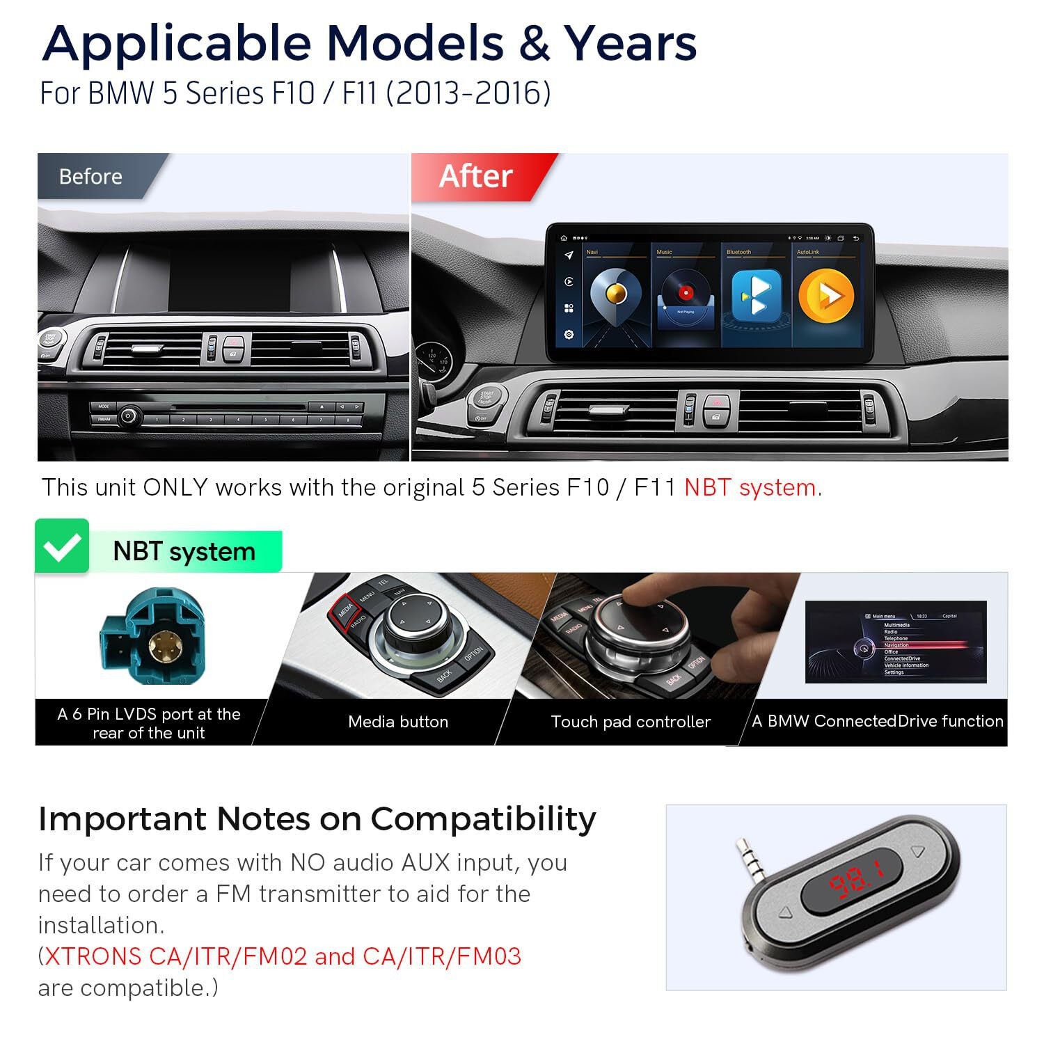 XTRONS 12.3″ Android 14 Car Stereo for BMW 5 Series F10/F11 (2013-2016) Carplay