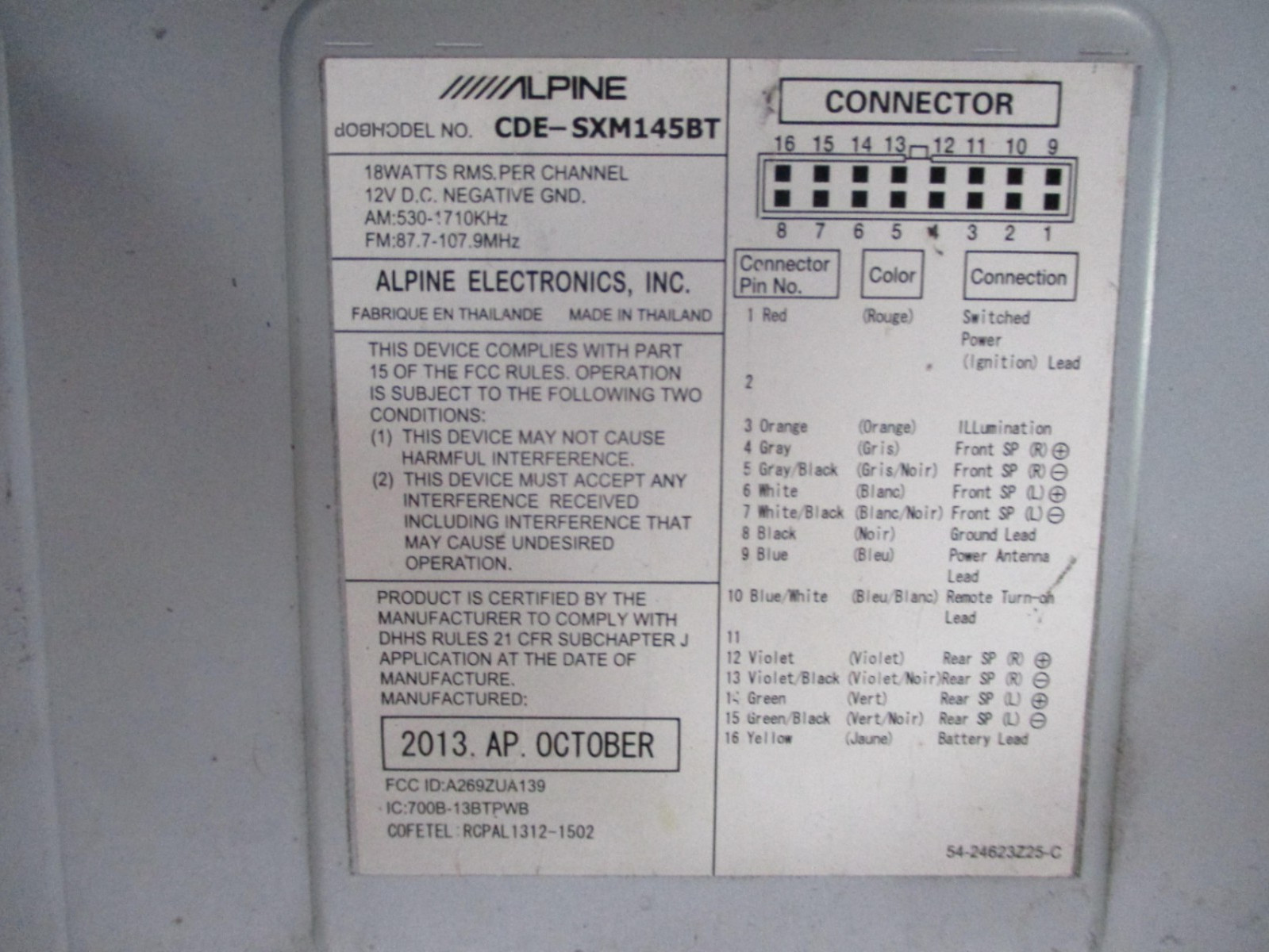 Alpine Model: CDE-SXM145BT Radio