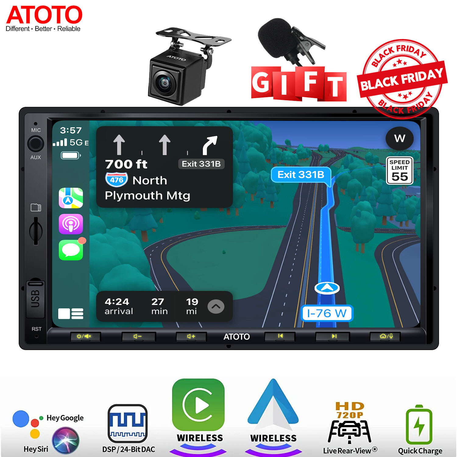 ATOTO F7WE Car Stereo +HD Rearview Camera 7in 2DIN Wireless CarPlay&Android Auto