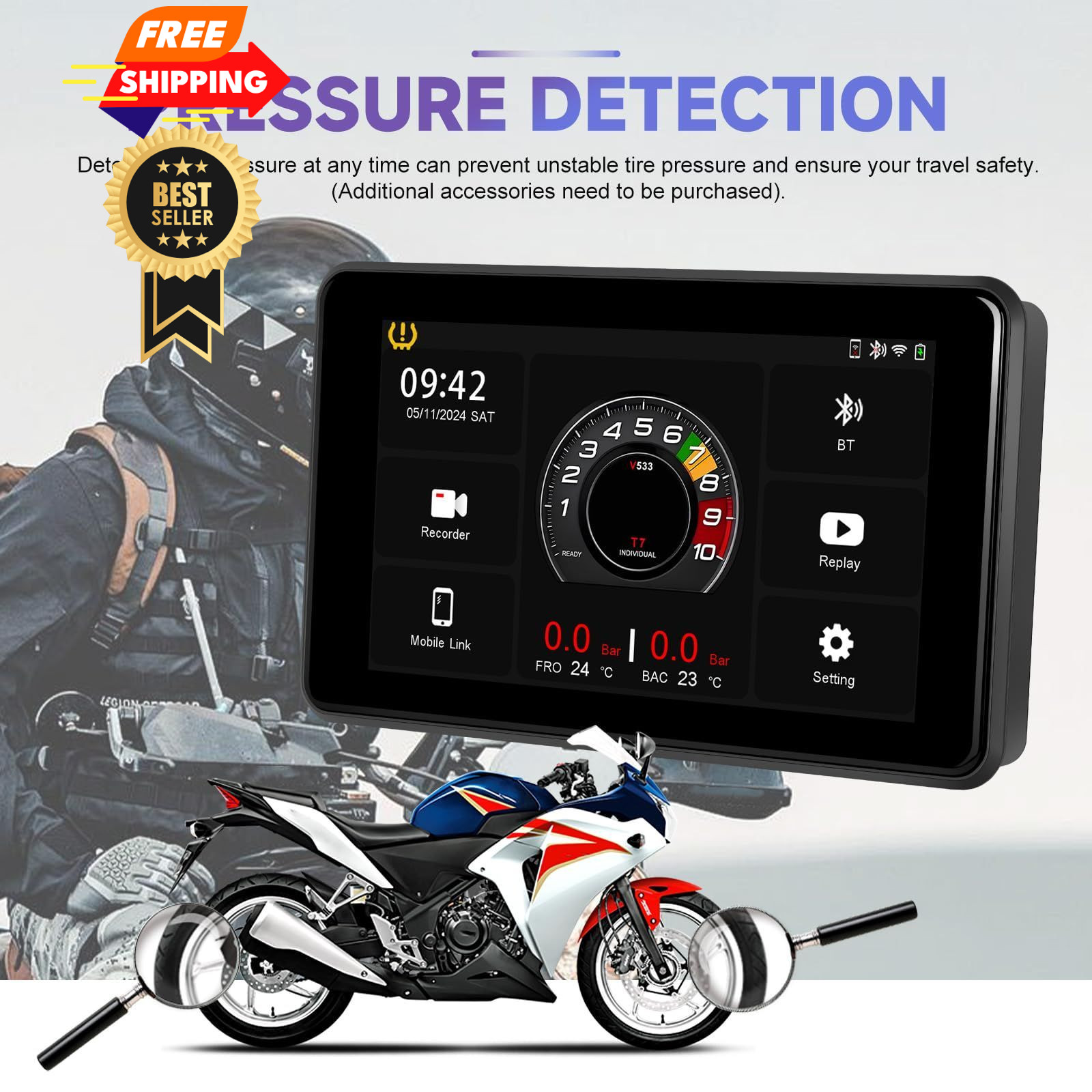 CAMECHO Motorcycle Carplay Screen with 2K Dash Cam/HD 5-inch Cameras