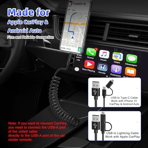 USB to USB-C and Lightning Cable Combo 2 in 1 Coiled Cable Support Apple Black