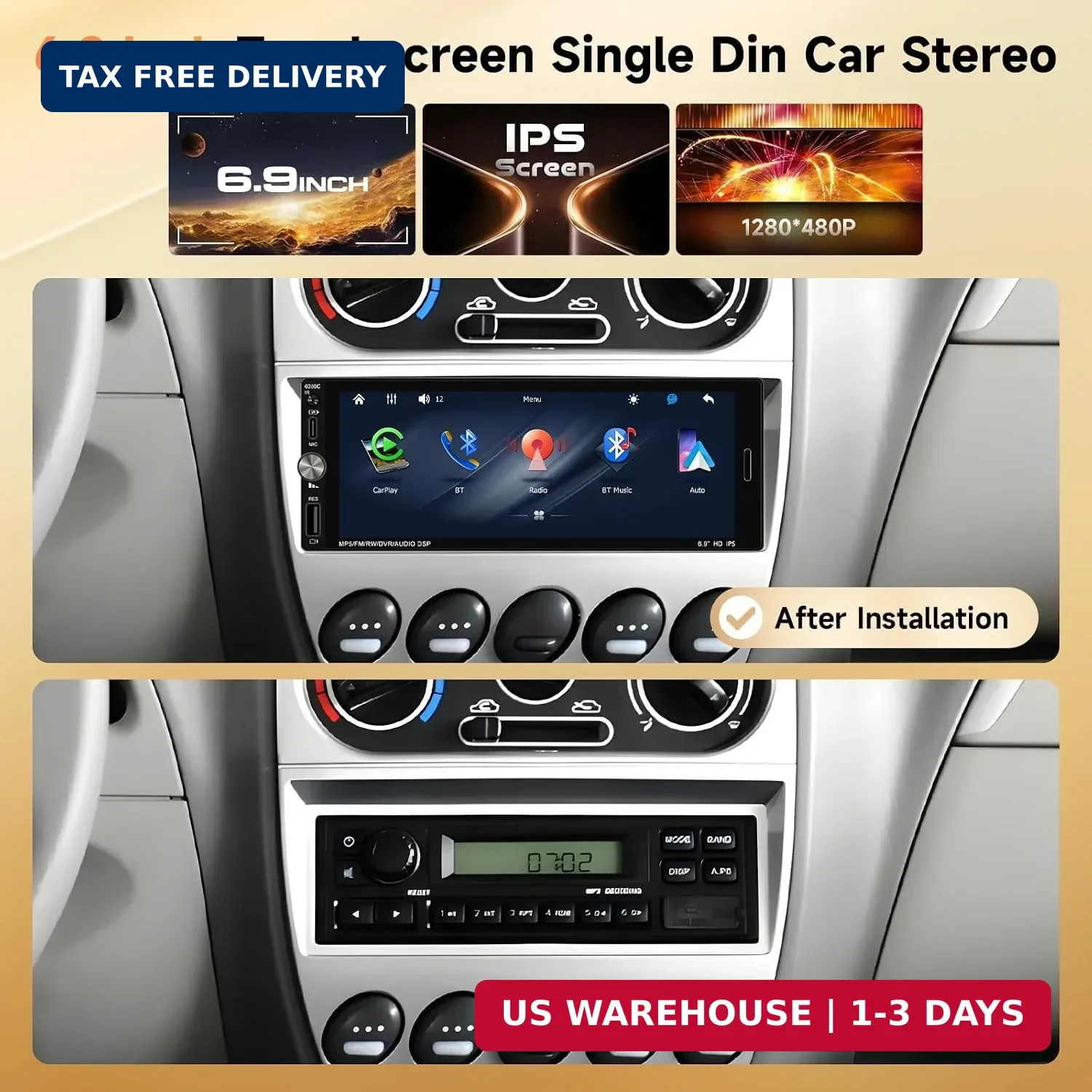 Single Din Car Stereo Compatible with Carplay Android Auto, METEESER 6.9 Inch Bl