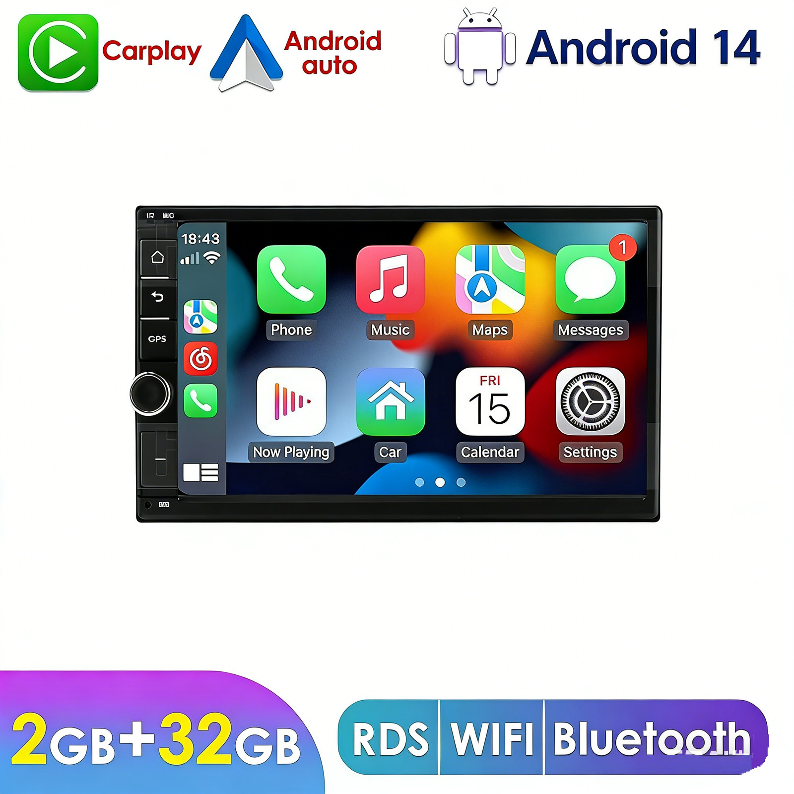 7 Inch Double DIN Car Stereo Apple CarPlay Android Auto GPS Radio Head Unit 32GB