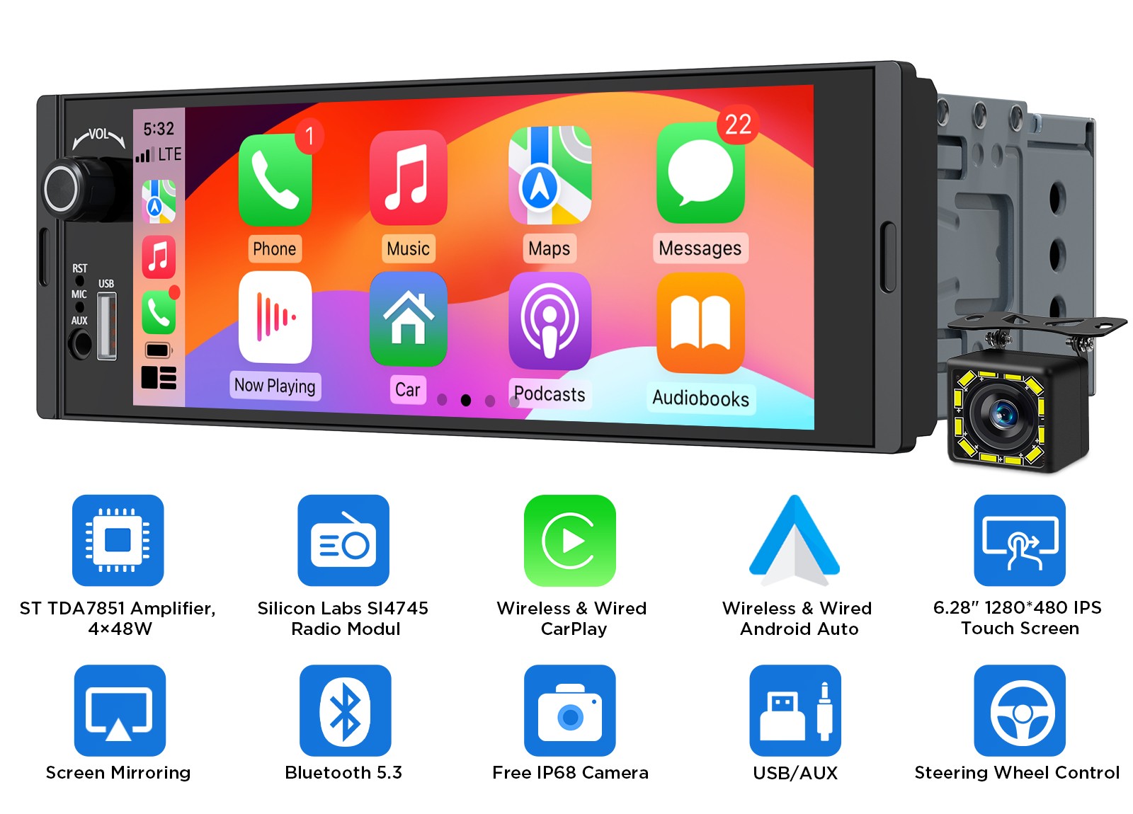 6.28″ Single DIN Car Radio Stereo Wireless CarPlay Android Auto Bluetooth FM Cam
