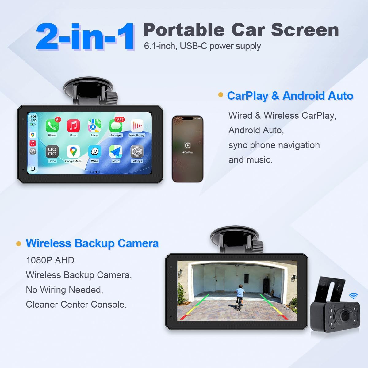 6.1 Inch Portable Car Screen, Wireless & Wired Carplay Android Auto, 1080P Wirel