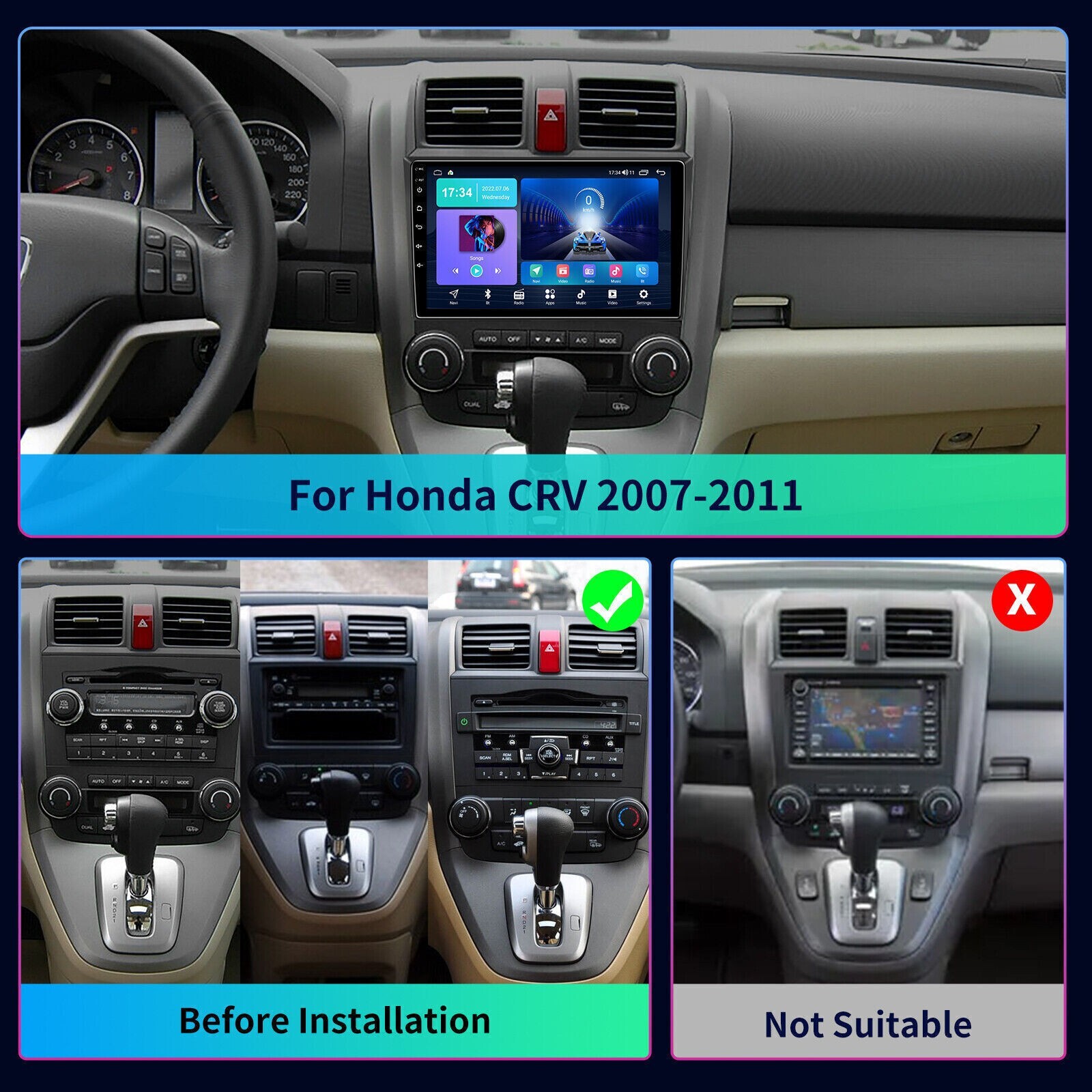 Car In-Dash Navigation GPS Units Carplay+Camera Android For 2007-2011 Honda CRV