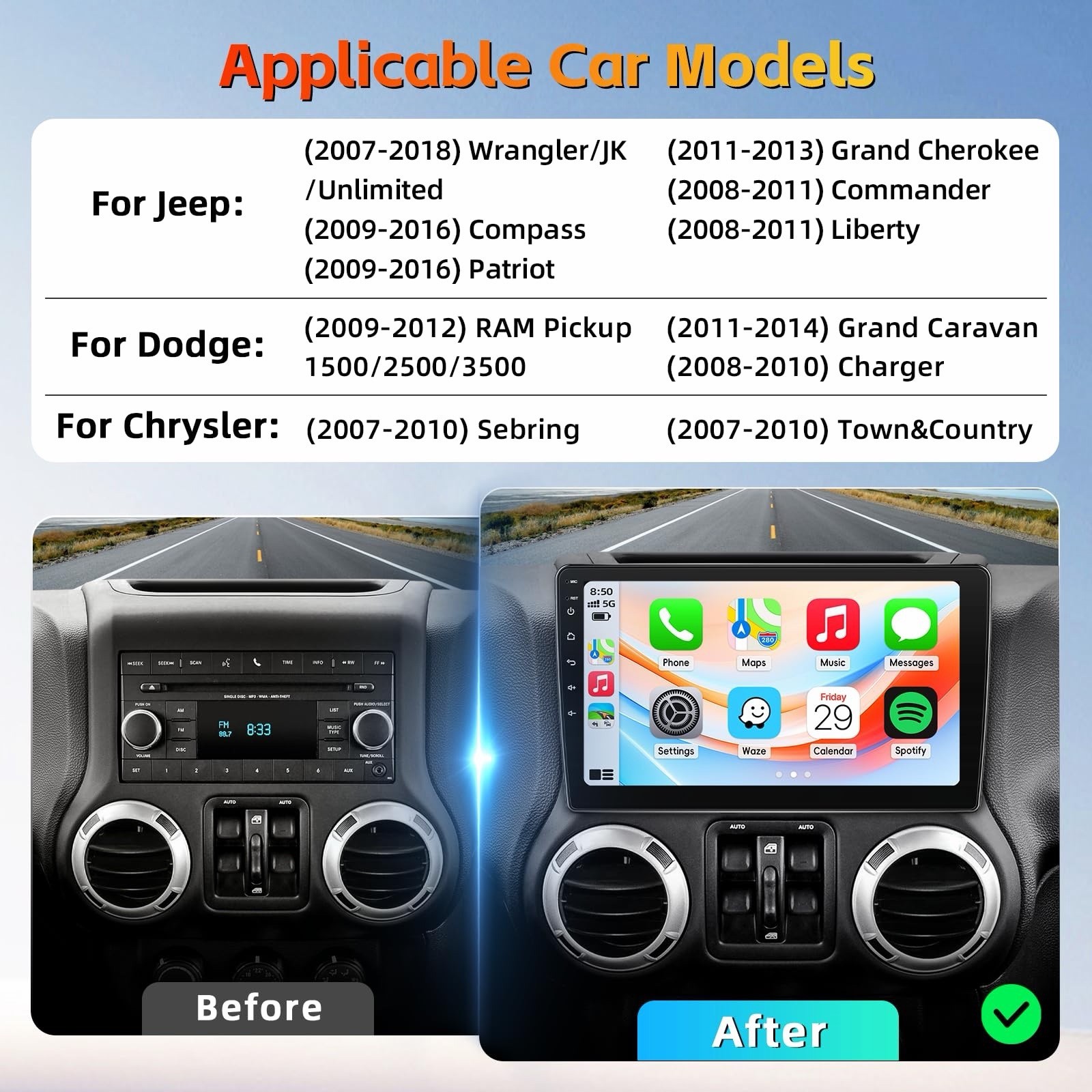 10 Inch Car Stereo for Jeep Wrangler JK 2007-2018 Wireless CarPlay Backup Camera