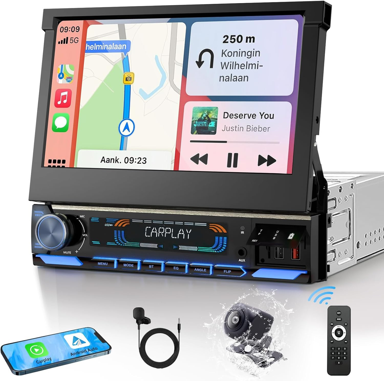Single Din Car Stereo with Wireless Apple Carplay & Android Auto, 7-Inch HD Moto