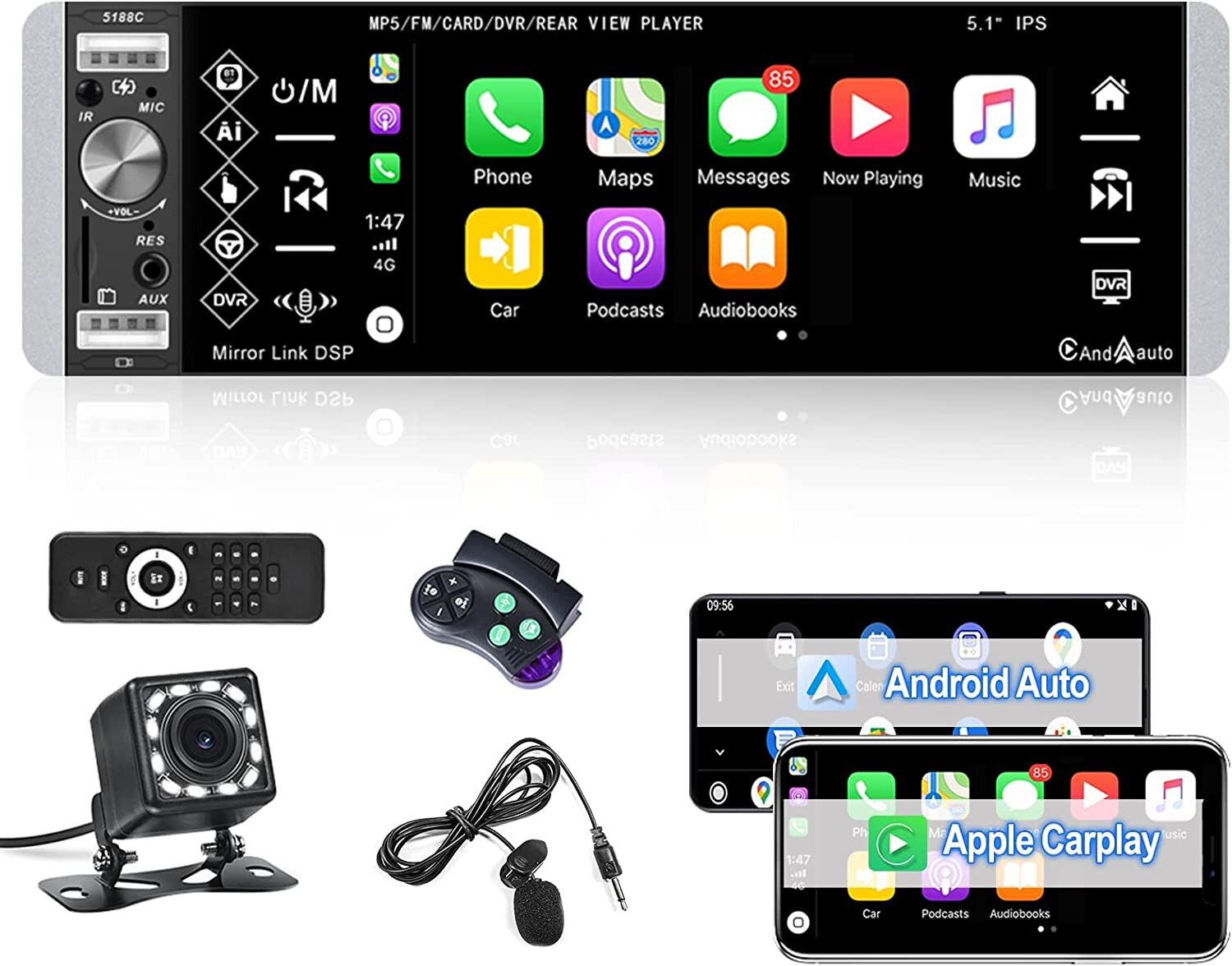 Single Din Car Stereo with Carplay Android Auto 5.1″ IPS Bluetooth Touch Screen