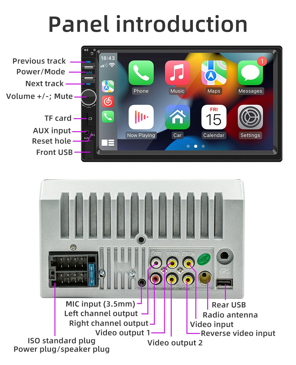 Car Radio Double 2 Din 7″ Apple CarPlay Android Auto Bluetooth Mirror Link TF/FM