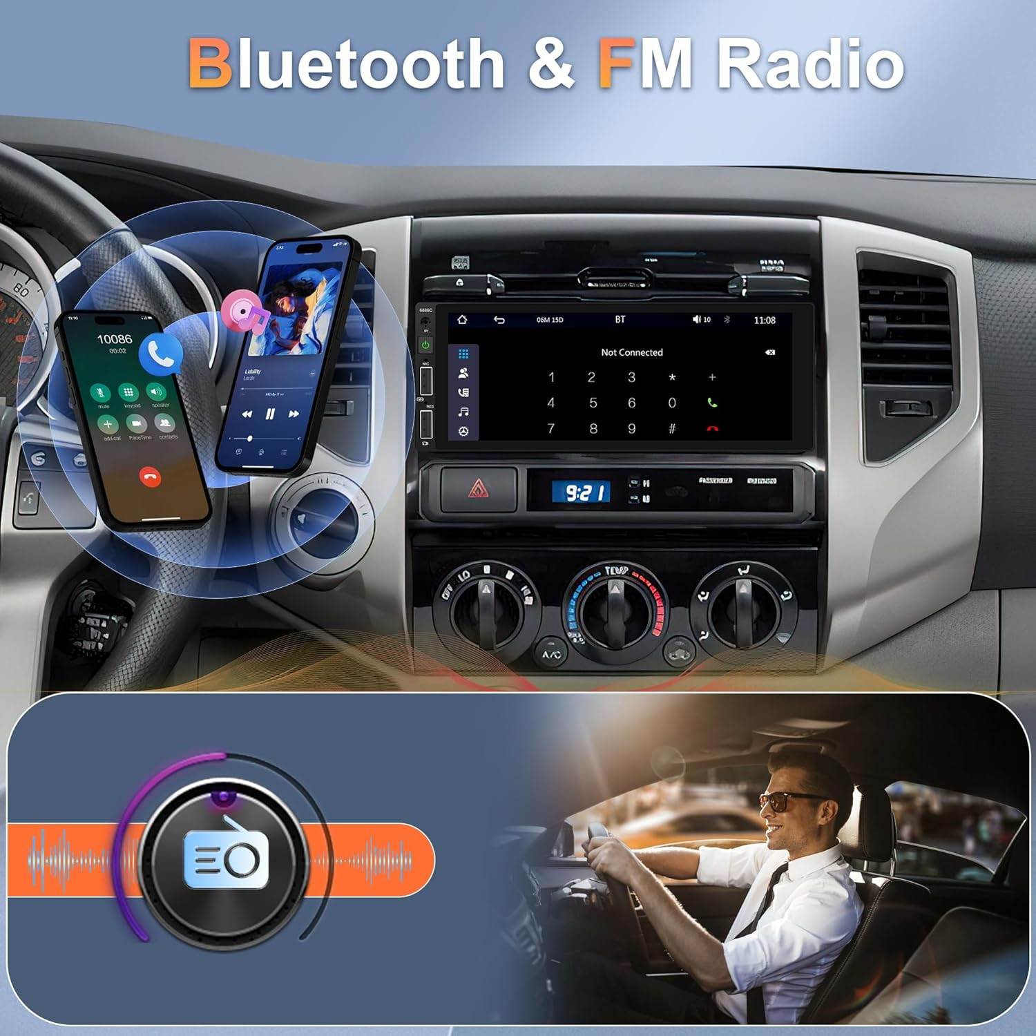 Single Din Car Stereo with Wireless Carplay & Android Auto, 6.9″ HD IPS Touchscr