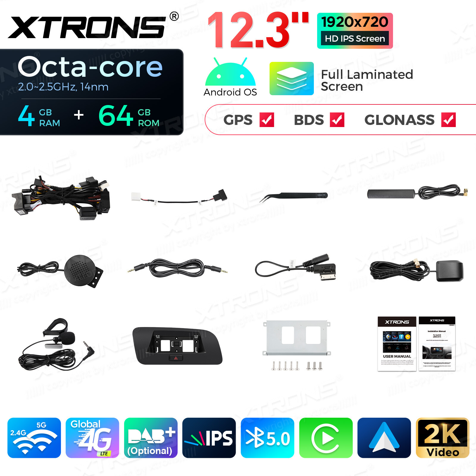 Car GPS Stereo for Audi Q5 2009-2017 Wireless CarPlay Android Auto 12.3 Inch 64G