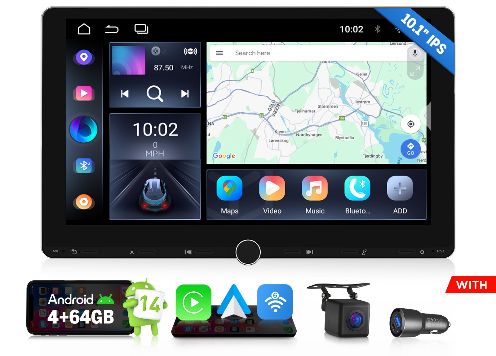 10.1″ IPS Double DIN Car Radio Wireless CarPlay Android 14 GPS Screen Mirroring