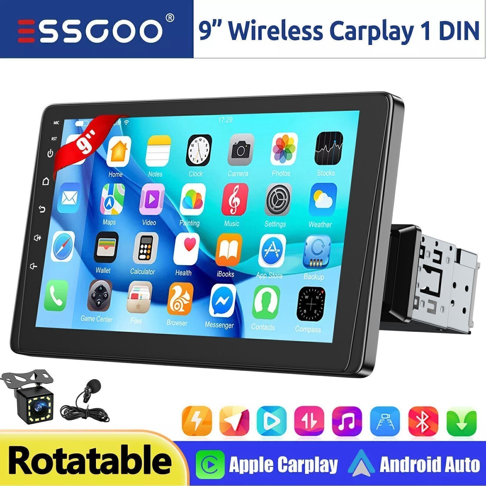 1 DIN 9″ Car Stereo Radio Apple Carplay Android Auto HD Touch Screen with CAM