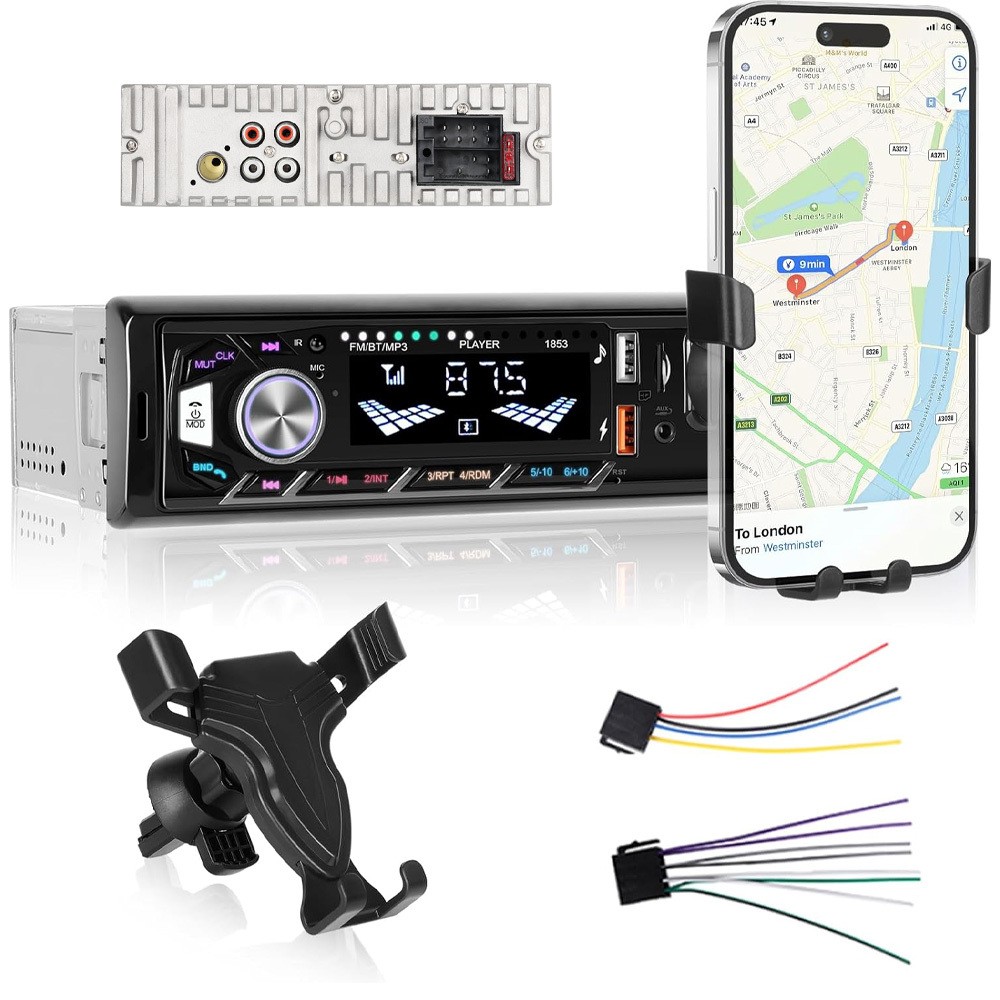 Single 1DIN Car Radio Stereo In-dash FM/USB/AUX/TF Bluetooth Audio +Phone Holder