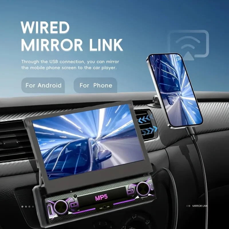 7in 1Din Car Stereo Motorized Flip Out Touchscreen MP5 Player Wired Carplayer