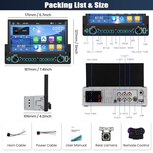 Single Din Car Stereo with Wireless Carplay&Android 7 Inch with Carplay&Button