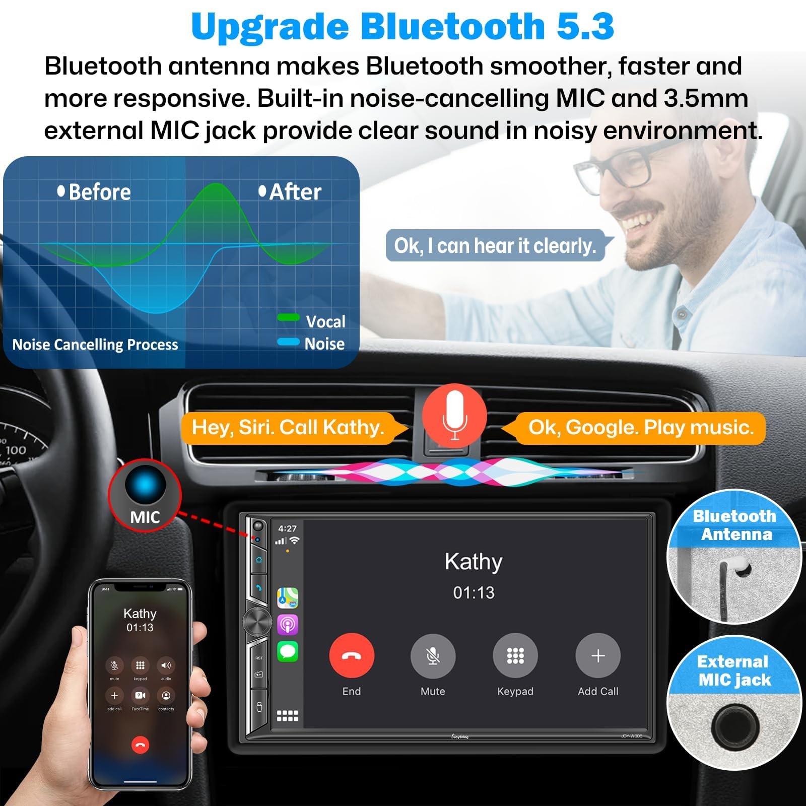 7″ Double Din Car Stereo Compatible with Black Wireless Carplay+Android Auto