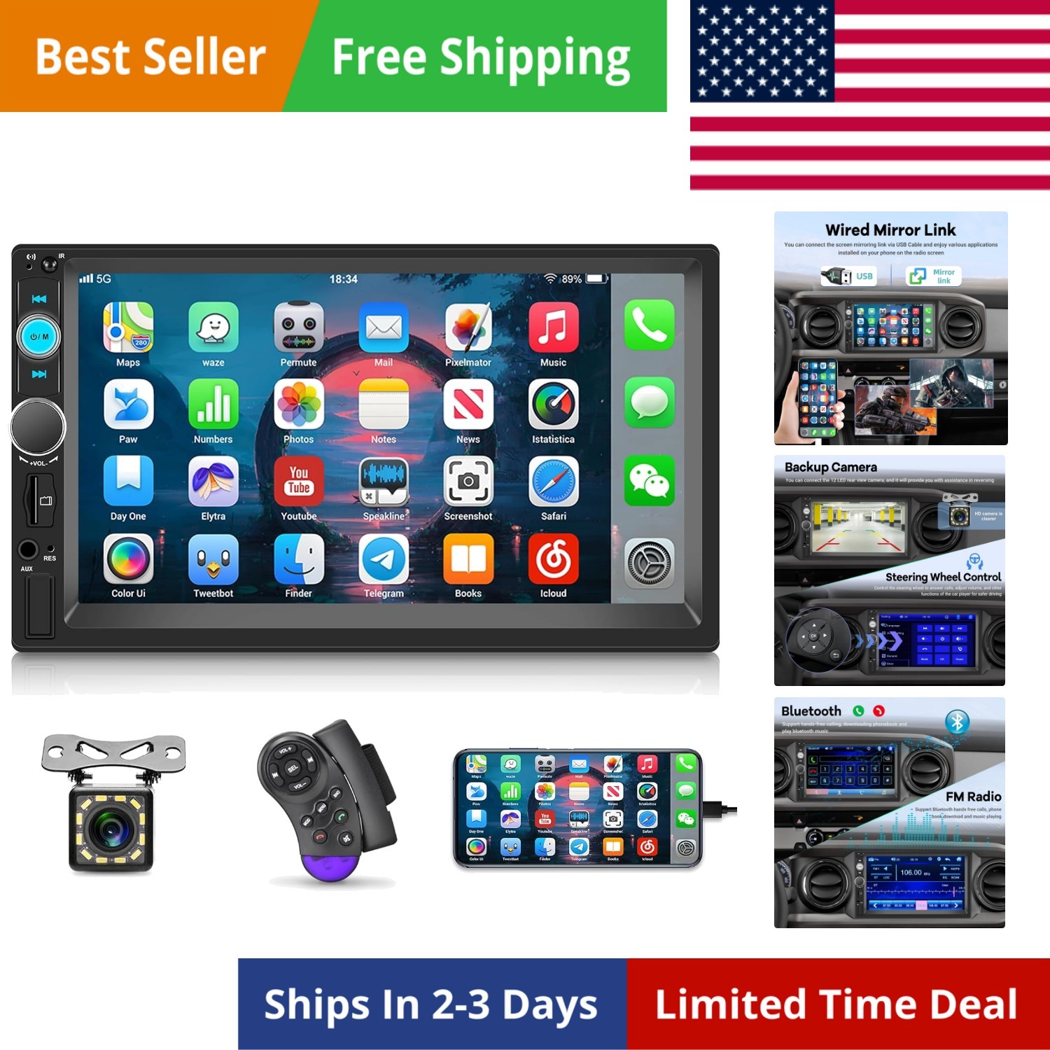 Double Din Car Stereo with Reverse Camera 7 inch Touch Screen 2 Din Car Radio…