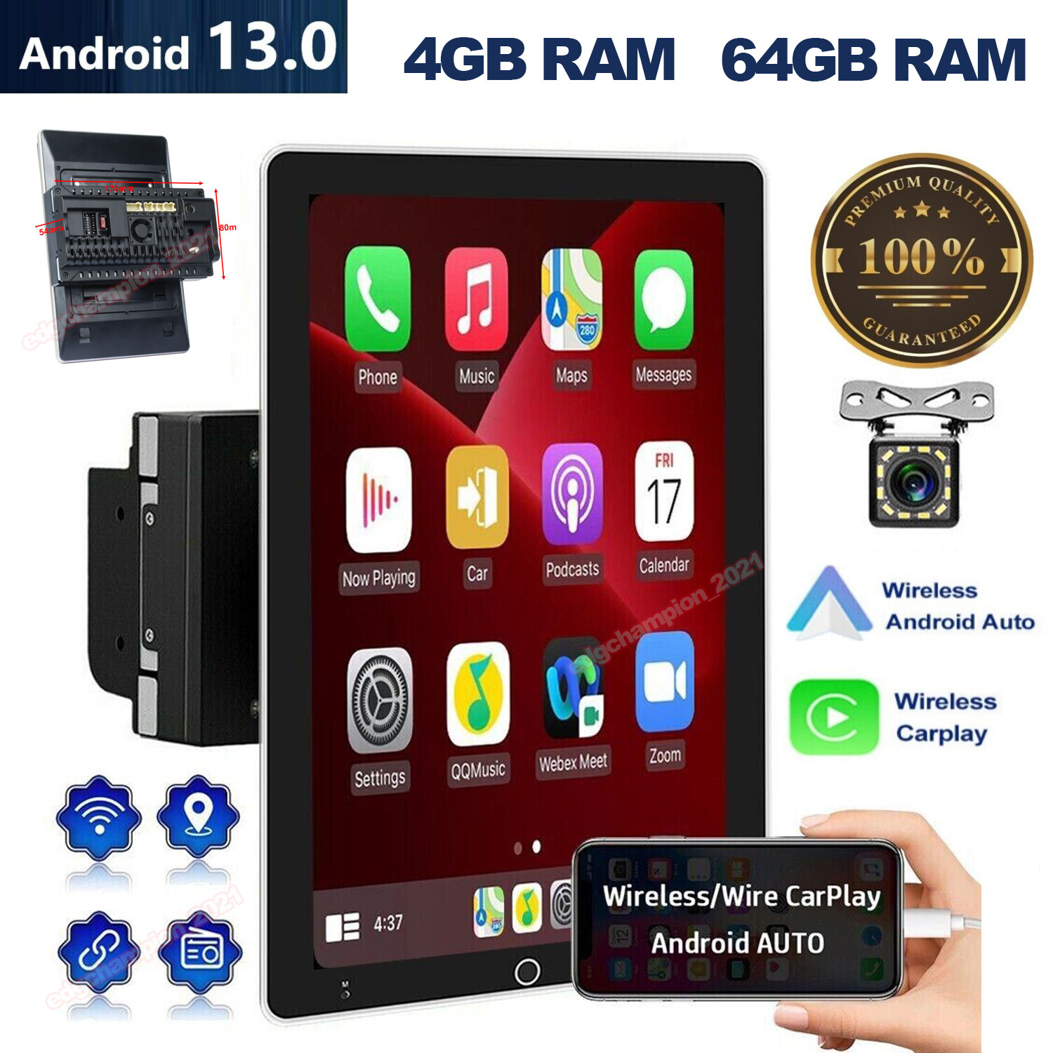 4+64GB Double 2DIN Rotatable 10” Android 13 Apple CarPlay Car Stereo Radio GPS