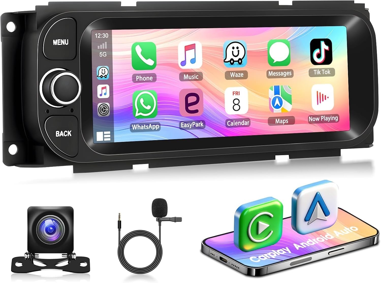 Android 15 Single DIN Car Stereo 6.86″ GPS CarPlay Auto Camera Jeep