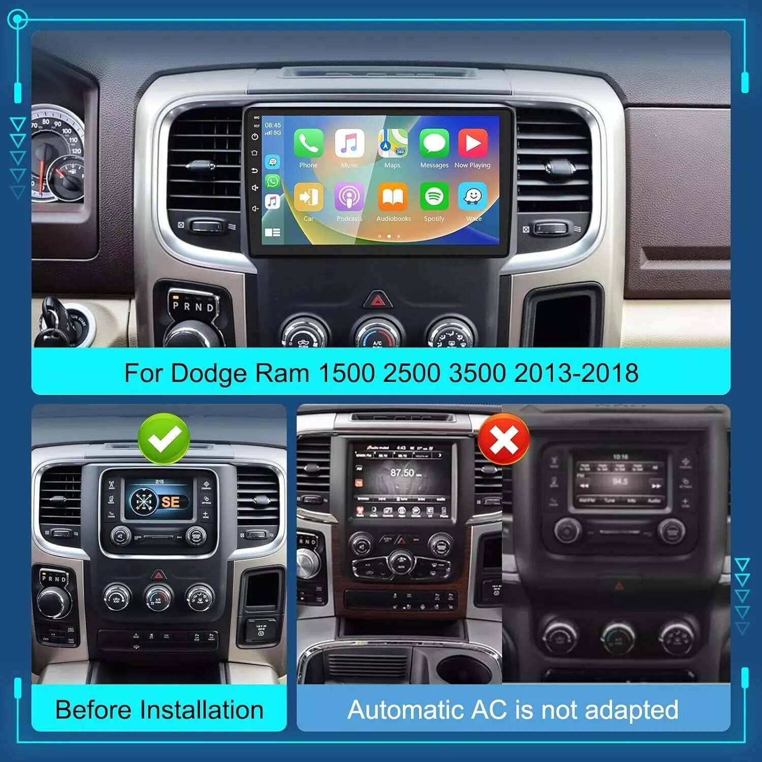 9″ 64GB Car Stereo Radio Android Carplay Screen For 2013-2018 Dodge Ram Truck