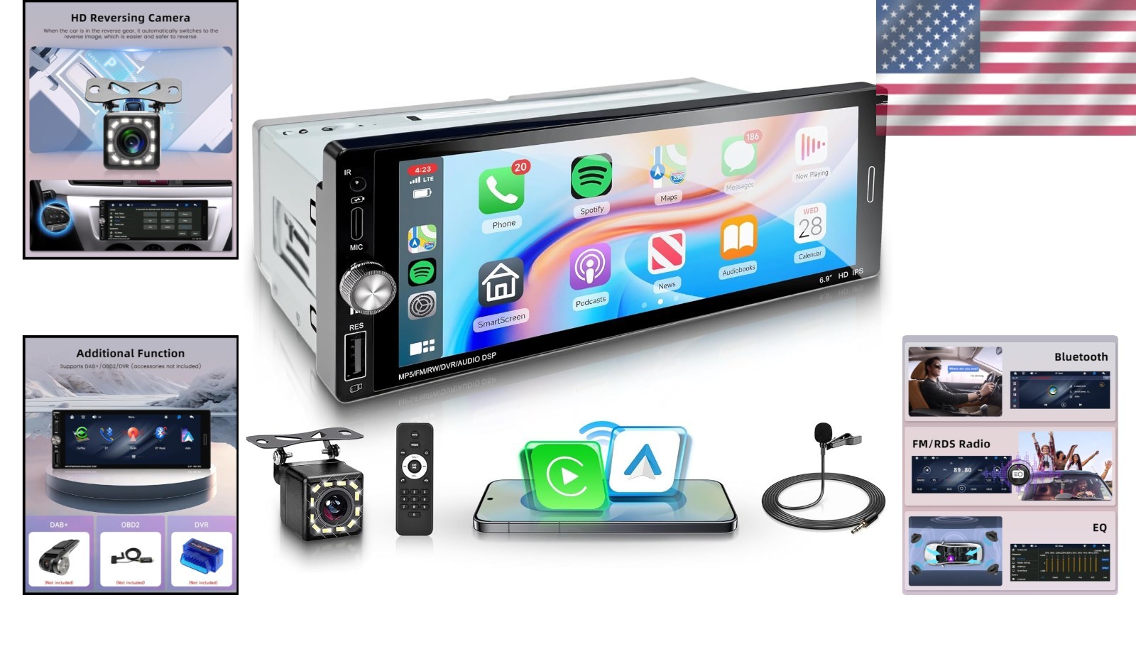 Single Din Car Stereo with Wireless Carplay & Android Auto..