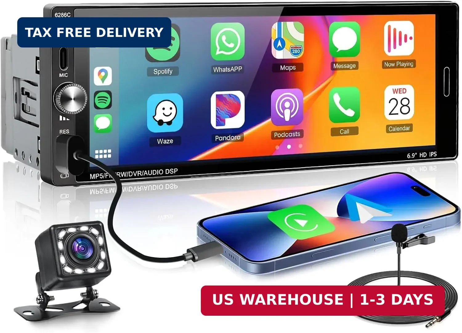 Single Din Car Stereo Compatible with Carplay Android Auto, METEESER 6.9 Inch Bl
